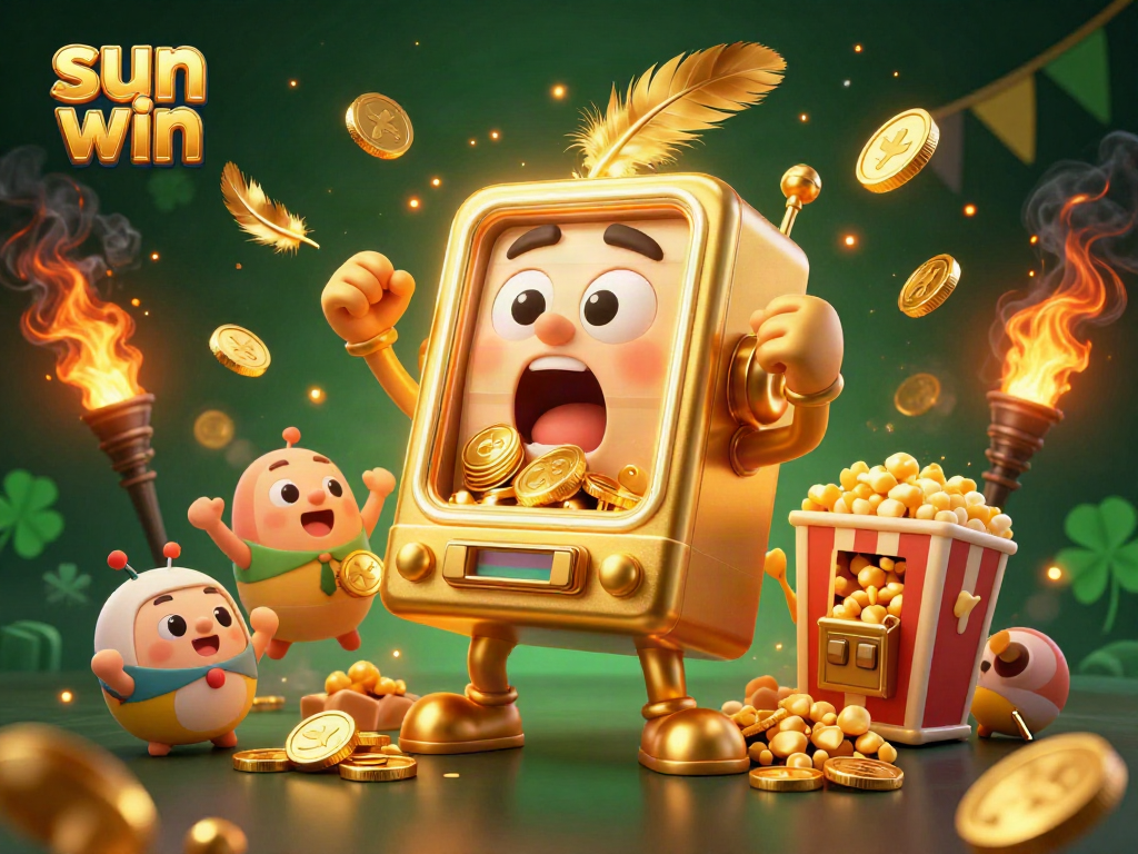 Experience the excitement of Sun Win as a golden slot machine hits a jackpot with coins spilling out, surrounded by cheering mini slot machines.