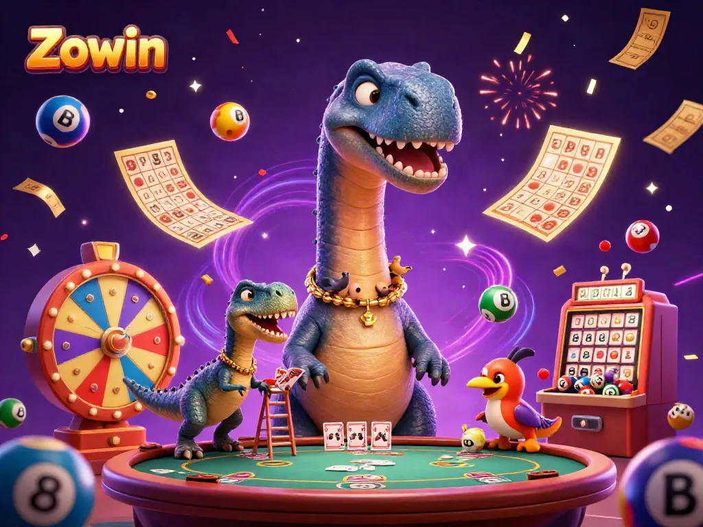Experience Zowin's colorful casino environment with a playful brontosaurus and raptor dealing cards.
