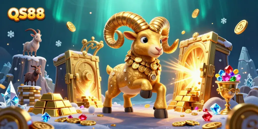 Experience the excitement of QS88 with dynamic gold elements and a massive golden ram charging through the scene.