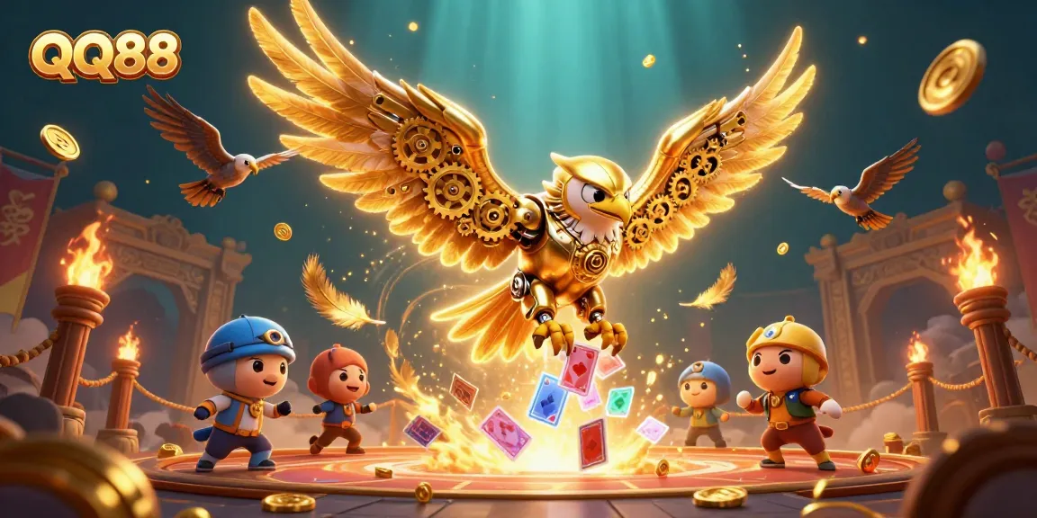 Dynamic illustration showcasing QQ88 with a cybernetic golden eagle amidst holographic cards in a vibrant casino scene.