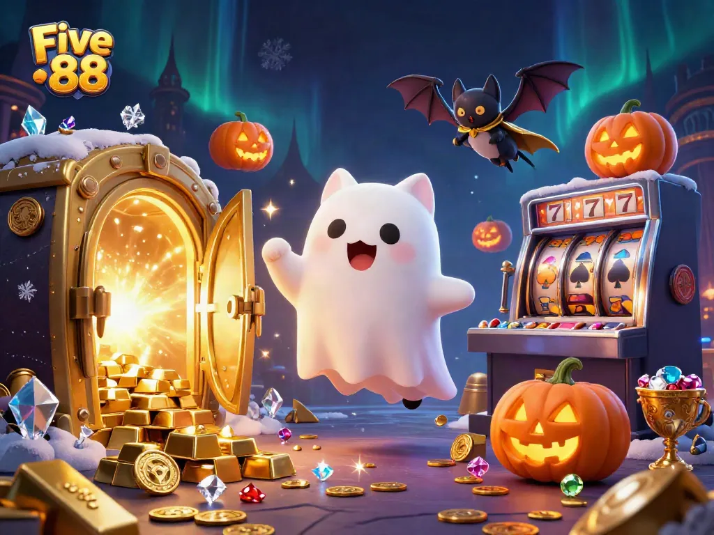 Engage with Five 88: a vibrant 3D scene featuring playful characters amidst a rich casino backdrop.