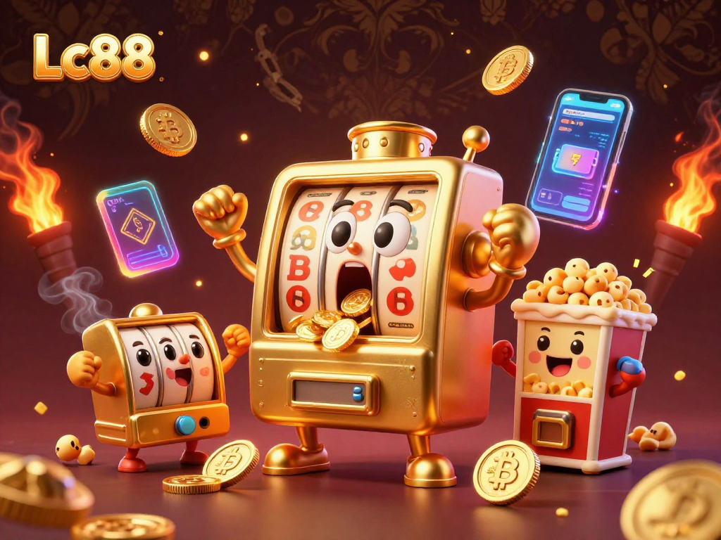 Spin the Lc88 slot machine for prizes as coins burst forth in a vibrant casino scene.