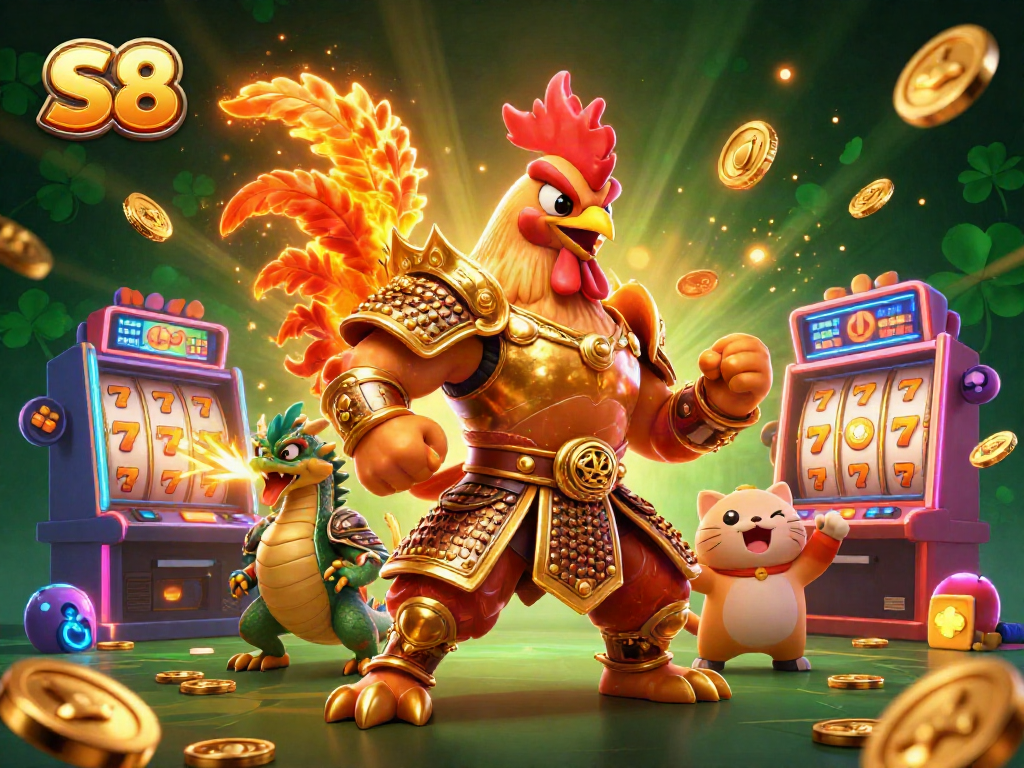 Engage with the fun S8 slot machines alongside a powerful warrior and dragon in a vibrant casino scene.