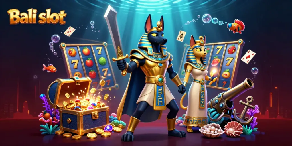 Experience the thrill of Bali slot with Anubis and Bastet amidst vibrant symbols and treasure.