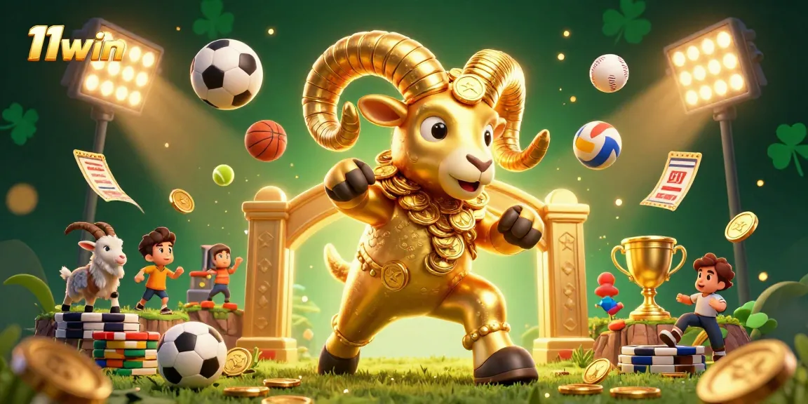 Engage in thrilling sports betting action with 11win's dynamic golden ram mascot in a lively casino scene.