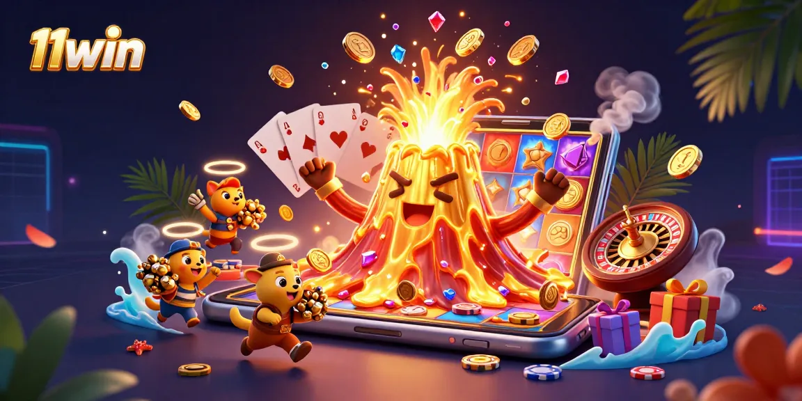 Win big with 11win's thrilling 3D casino scene featuring vibrant slot game action!