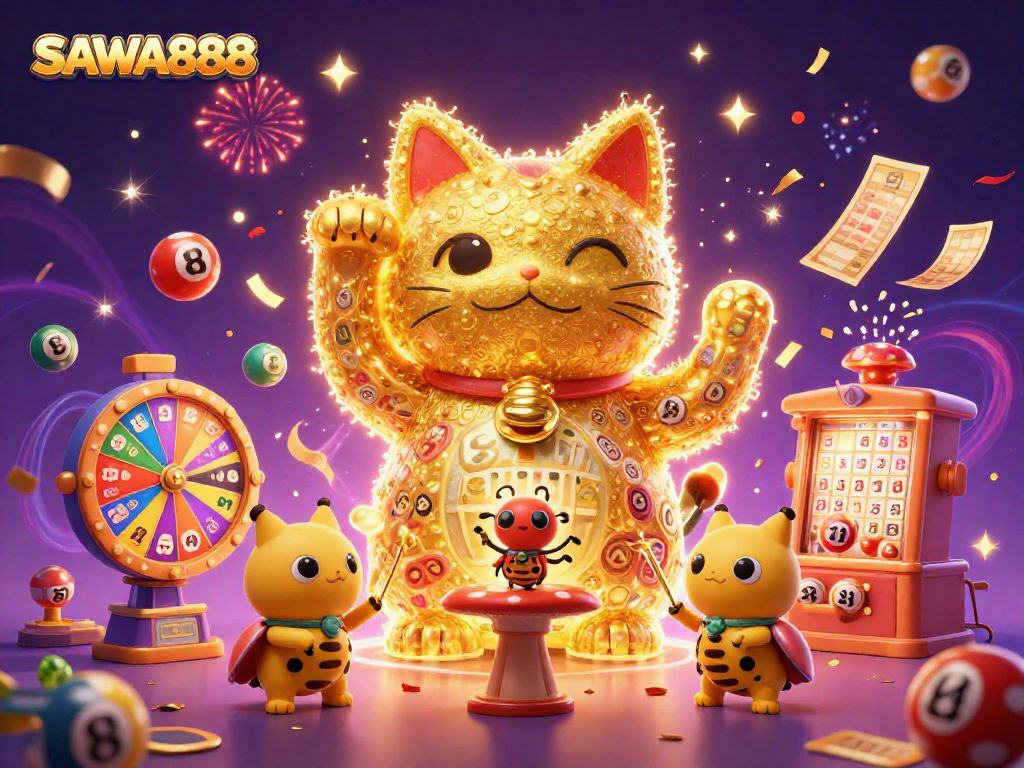 Experience SAWA888's exciting world with golden fireflies and lottery elements in a vibrant casino scene.