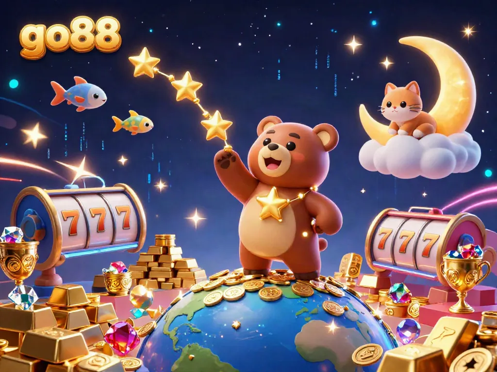 Engage with go88 in a vibrant 3D casino scene filled with treasures, slots and shooting stars.