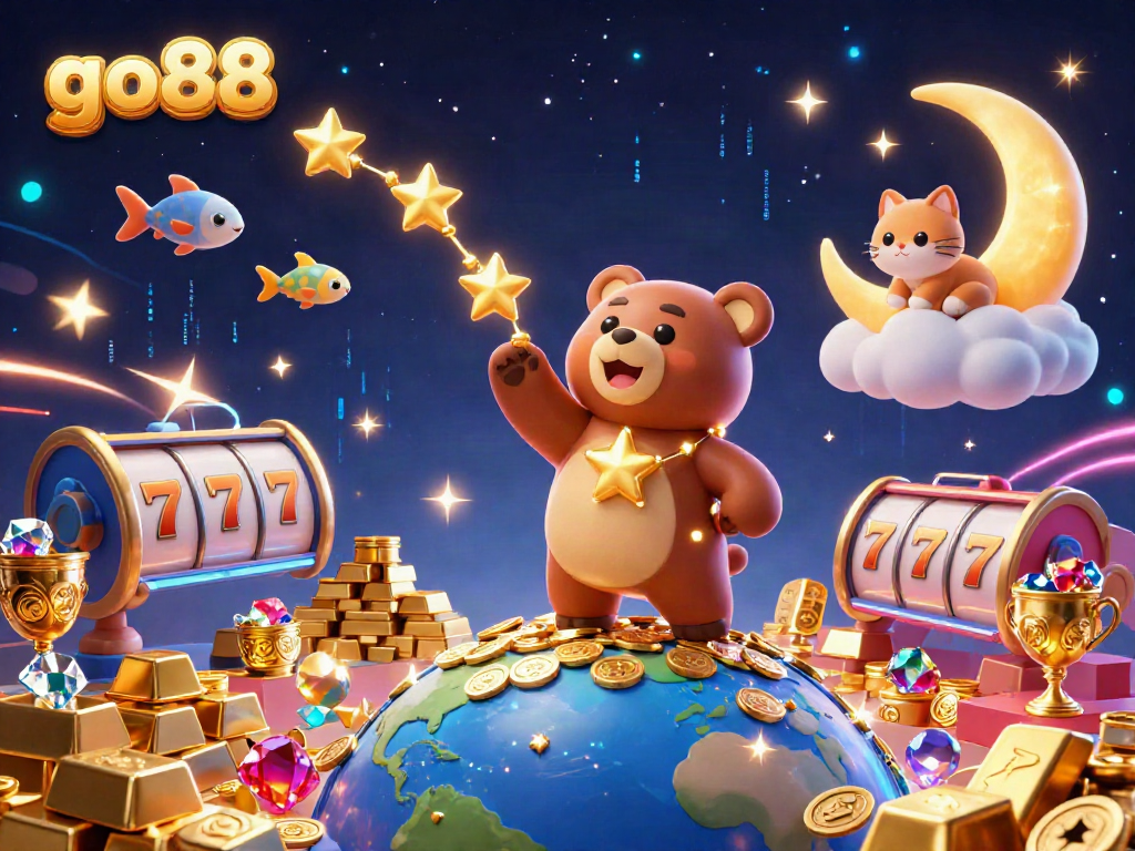 Engage with go88 in a vibrant 3D casino scene filled with treasures, slots and shooting stars.