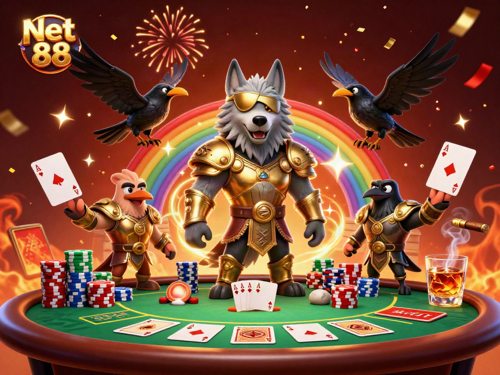 Bet on Net 88 with Norse-inspired characters amidst vibrant casino elements.