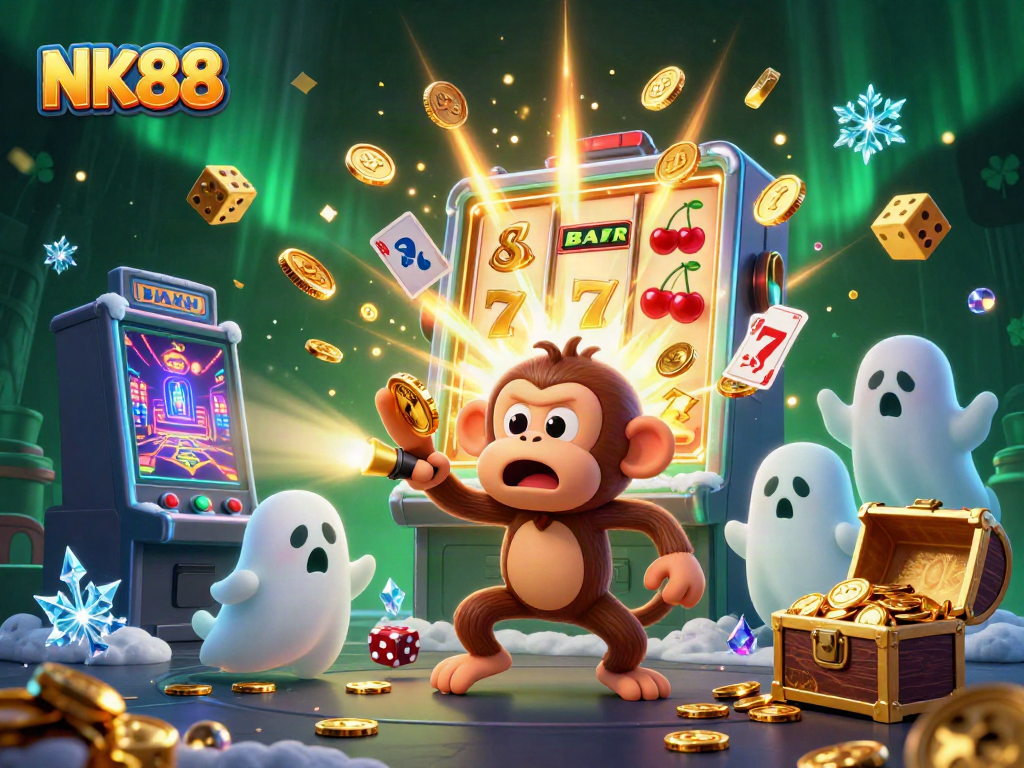 Experience the thrill of NK88 as the poltergeist monkey juggles gold in a vibrant haunted casino.