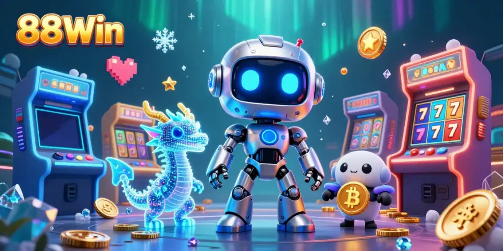 Play slots with 88Win's vibrant characters in a dynamic casino scene filled with colorful gaming elements.