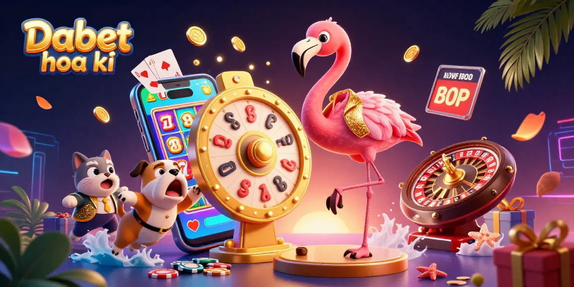 Engaging scene featuring Dabet hoa kỳ with a game show host flamingo, bulldog contestant, and prize scoreboard, showcasing dynamic slot gaming elements.