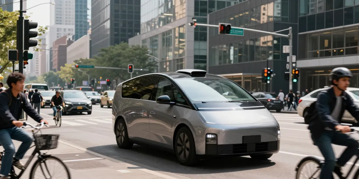 Futuristic autonomous driving vehicle navigating city streets with pedestrians and smart road signage.