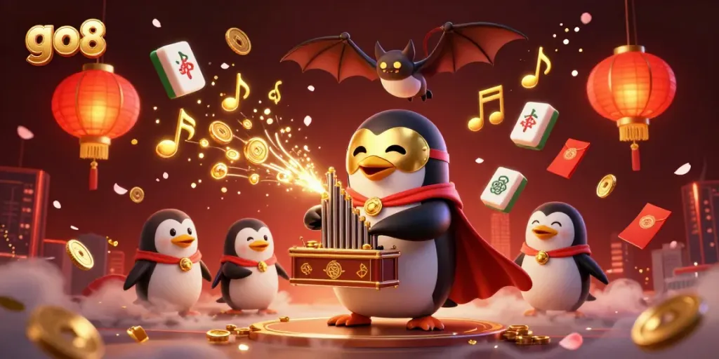 Spin to win at the GO8 casino with a phantom opera penguin amidst gold-enriched gaming elements.