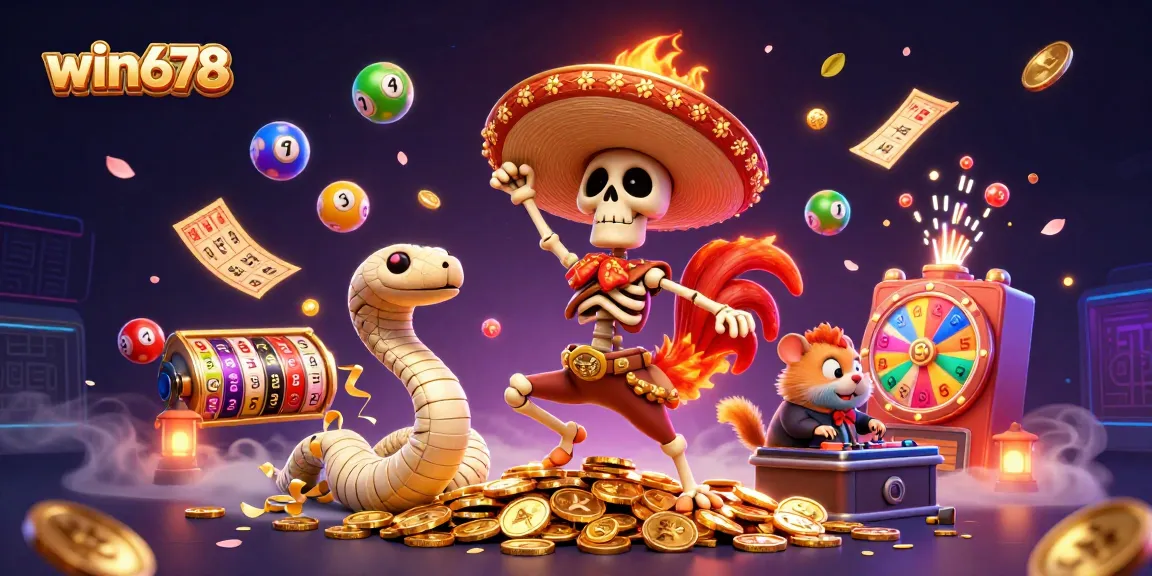 Celebrate wins at win678 with an exciting scene featuring a lively 3D mariachi rooster and gambling elements.