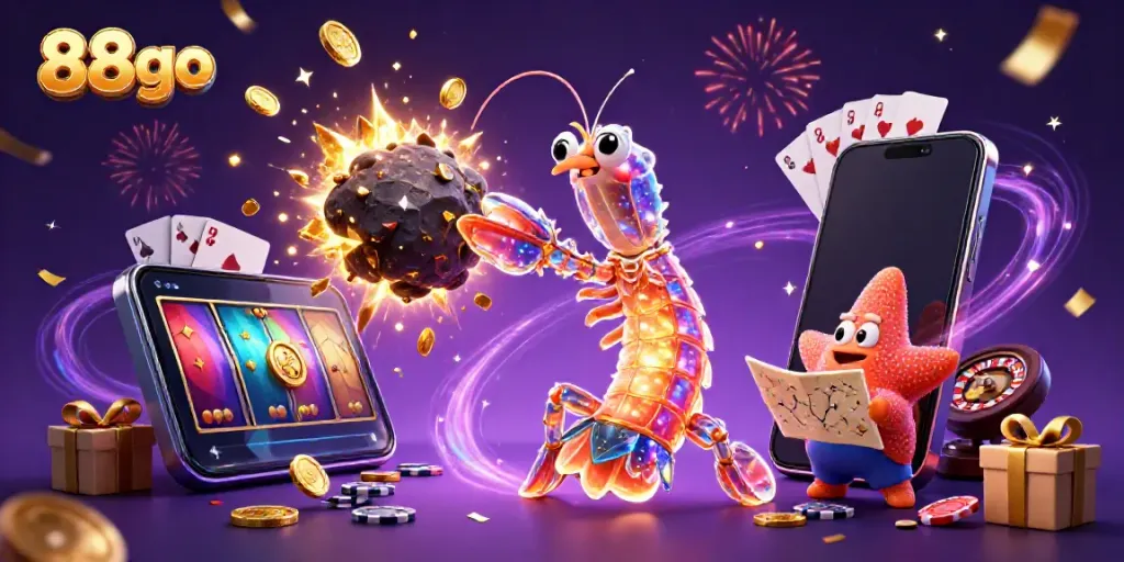 Experience the excitement of 88go as characters explode into gems and coins amidst vibrant casino elements.
