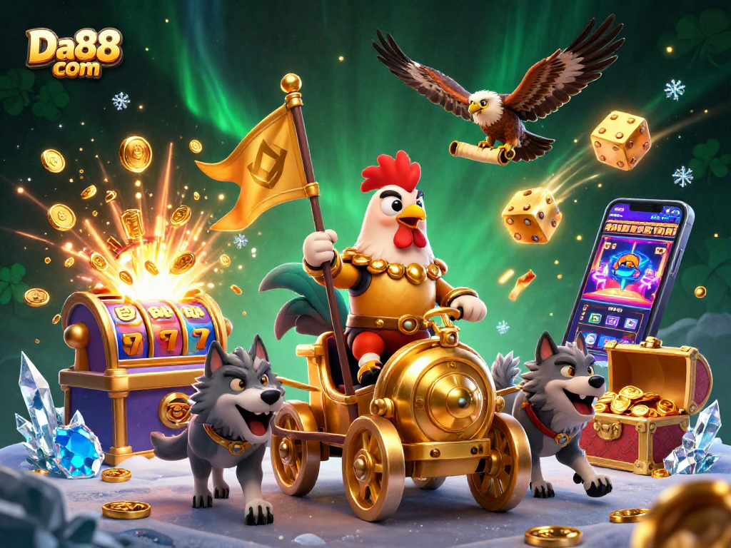 Engage with Da88 com's exciting online casino, featuring dynamic game elements and vibrant characters.