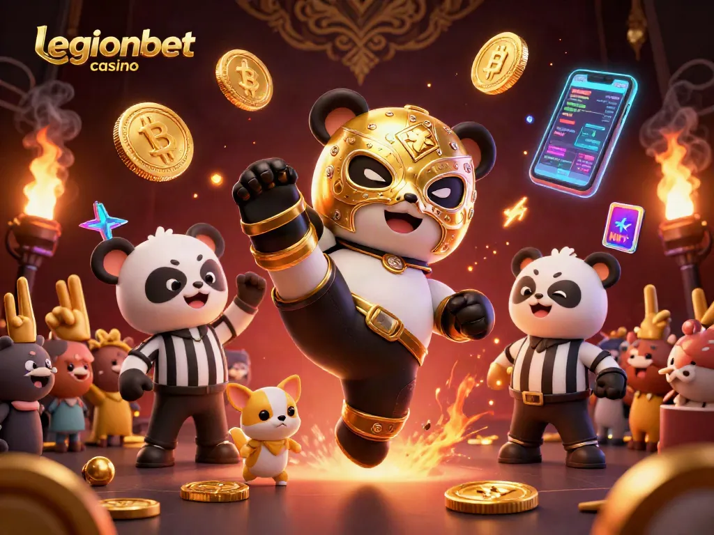 Join the excitement at legionbet casino with a 3D cartoon panda wrestler kicking, amidst crypto coins and cheering animal fans.