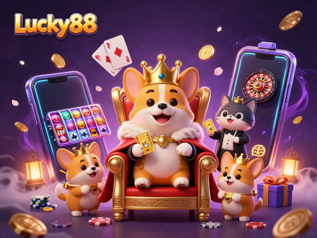 Experience captivating gameplay at Lucky88 with royal corgi characters and engaging casino elements.