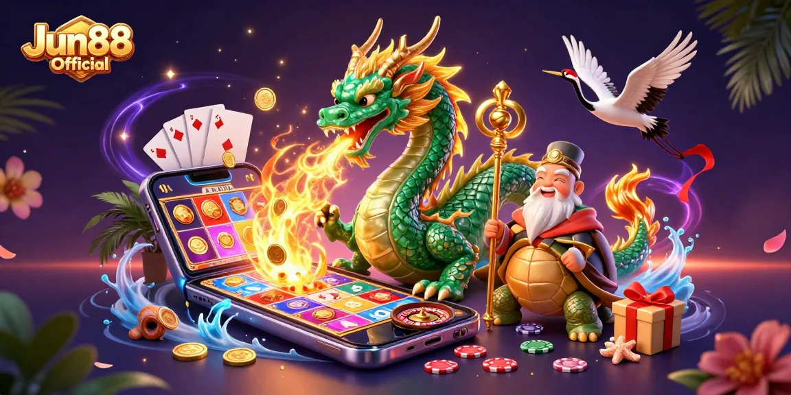 Experience thrilling gameplay with Jun88 Official using vibrant slot games, dragons, and lucky cranes.