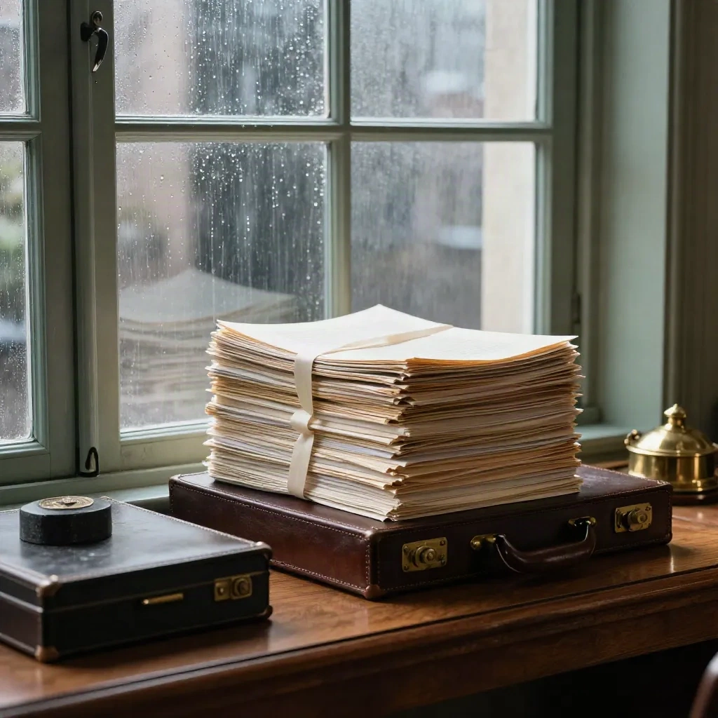 Rain-washed law office window bay with folios, brass seal, paperweight and briefcase.
