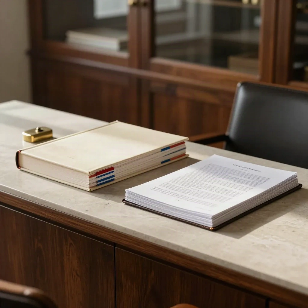 Legal folio bundle with tabs, brass weight, and leather case on a stone sideboard.