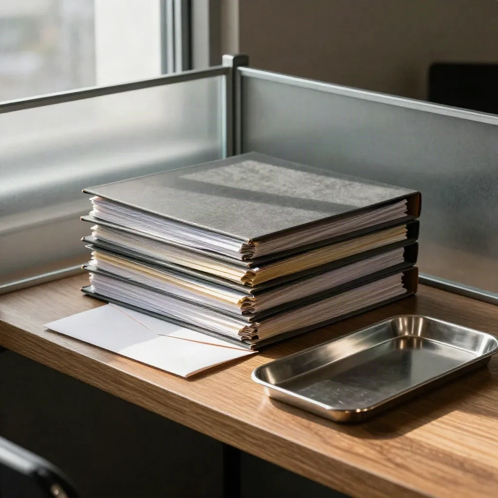 Closed employment handbooks, policy dividers and a steel tray in a moody office alcove