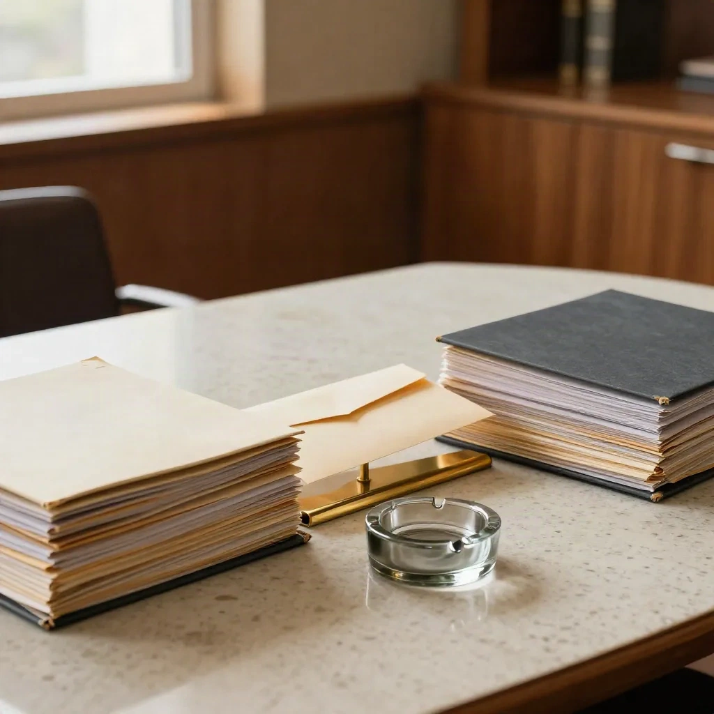 File bundles and a sealed settlement envelope on a travertine meeting table with brass accents.