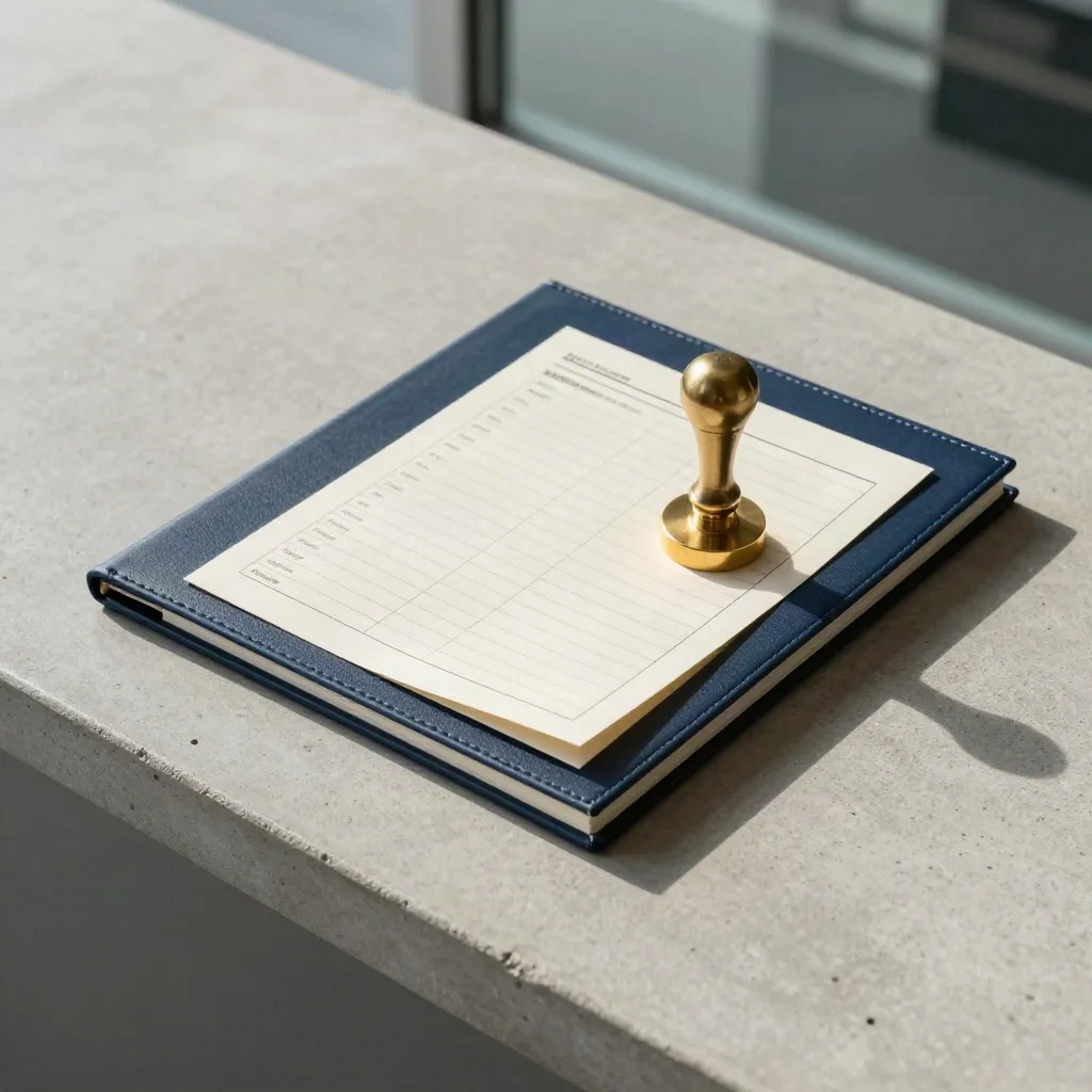 Overhead navy compliance binder with face-down checklist cards and a brass seal on concrete