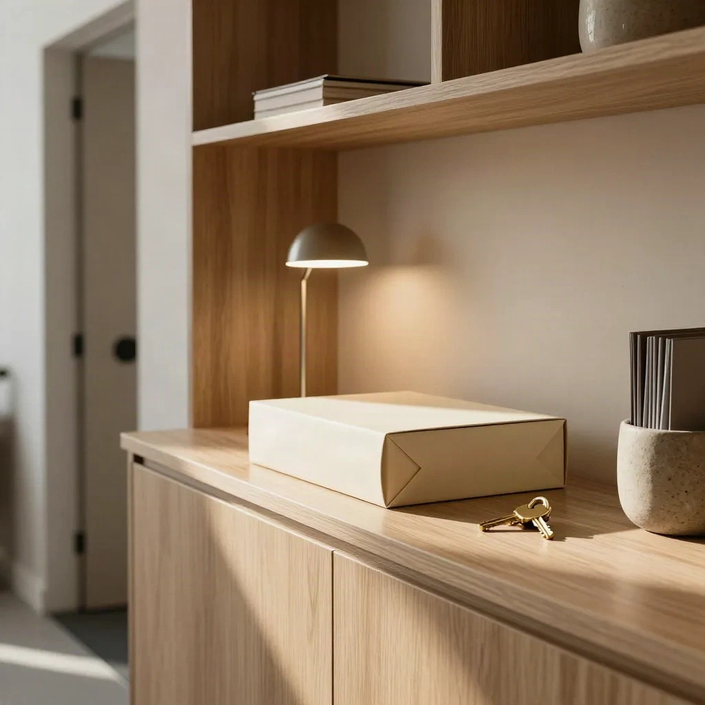 Startup office reception ledge with incorporation box, keys, and lit lamp, ready to open