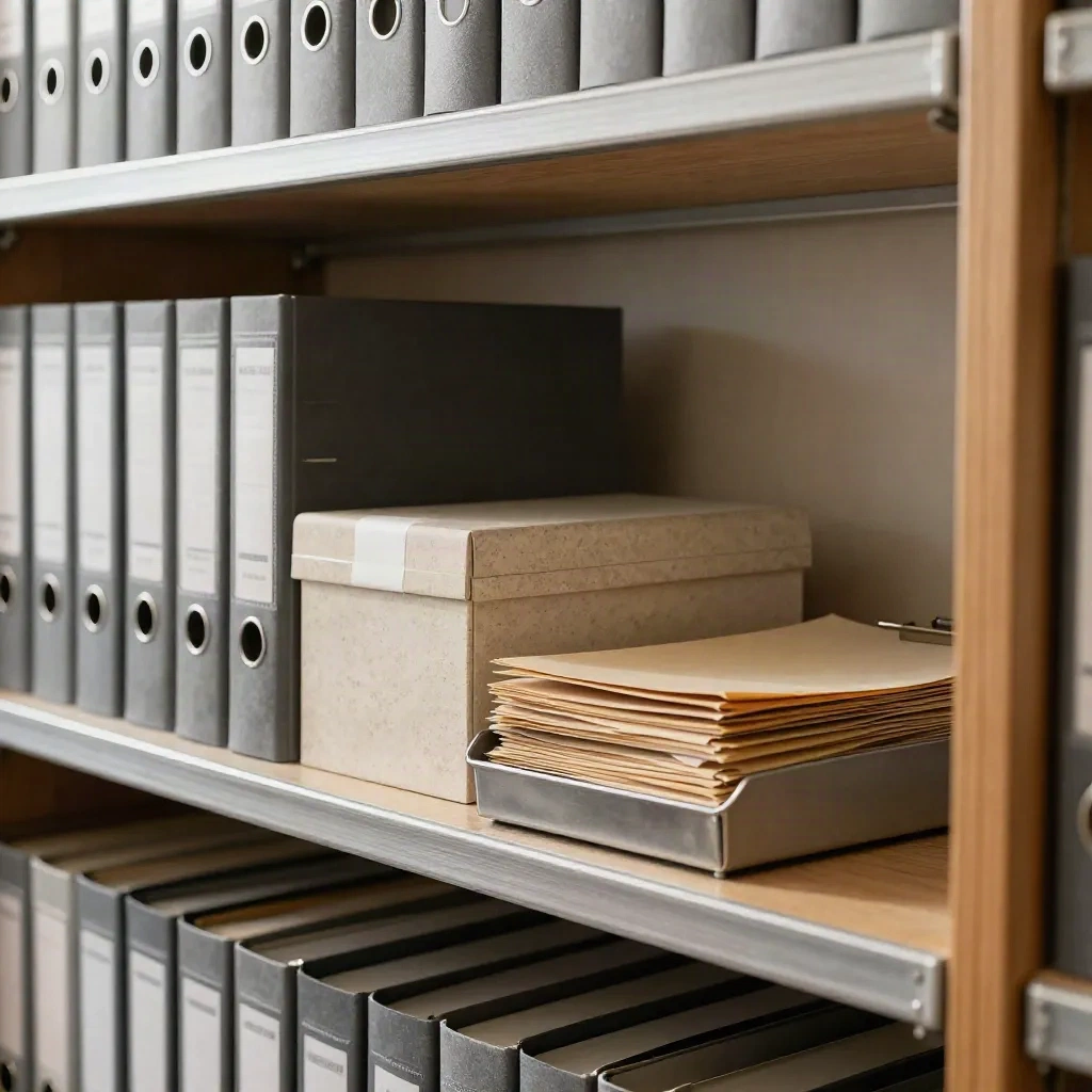 Diagonally stacked handbook binders, policy box and exit folders on a retail back-office shelf