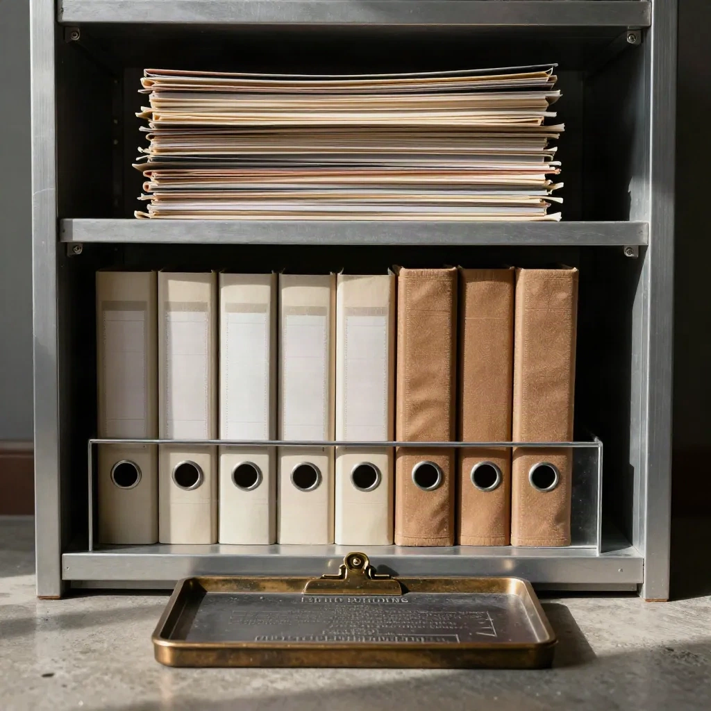 Archival records shelf with sealed binders, audit folders and an approval tray in a dark room