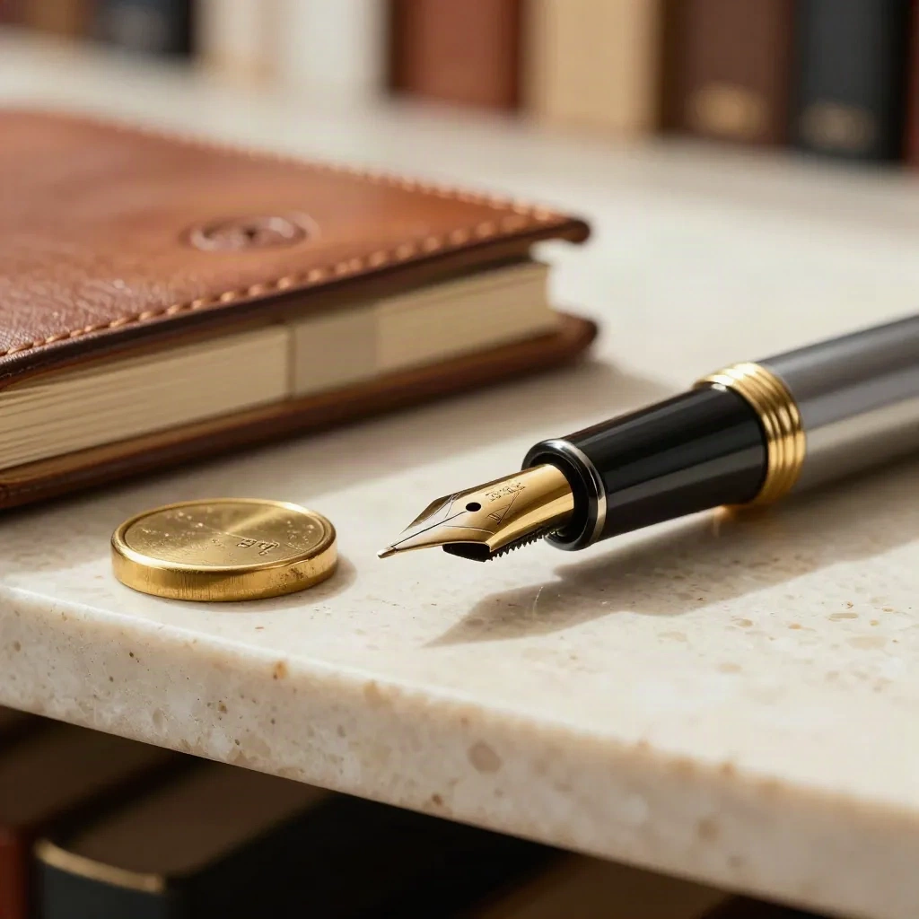 Macro legal still life with gold nib pen, brass seal and leather folio on travertine.