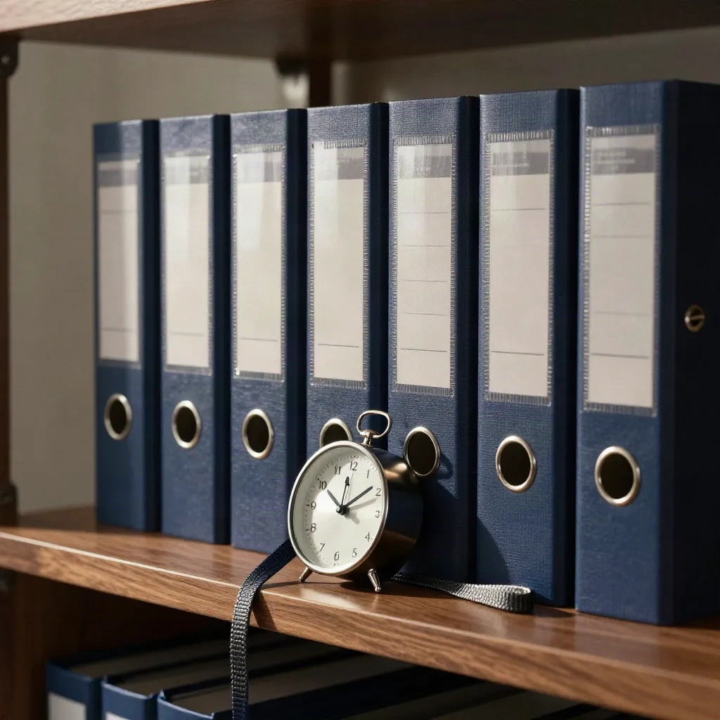 Macro of policy binders, lanyard and desk clock on a walnut shelf in a law office