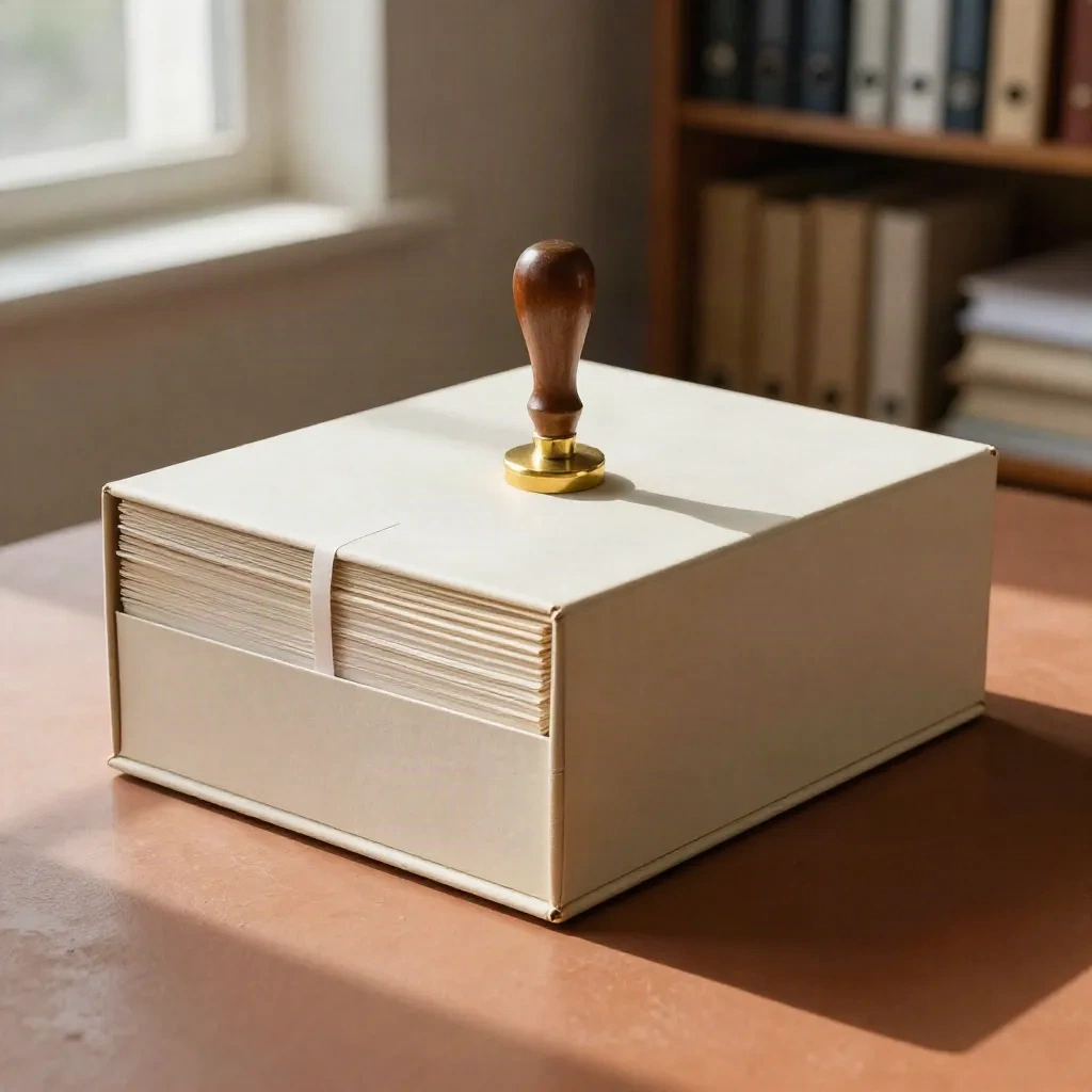 Compliance box with dividers, brass stamp and ceramic tray in soft daylight.