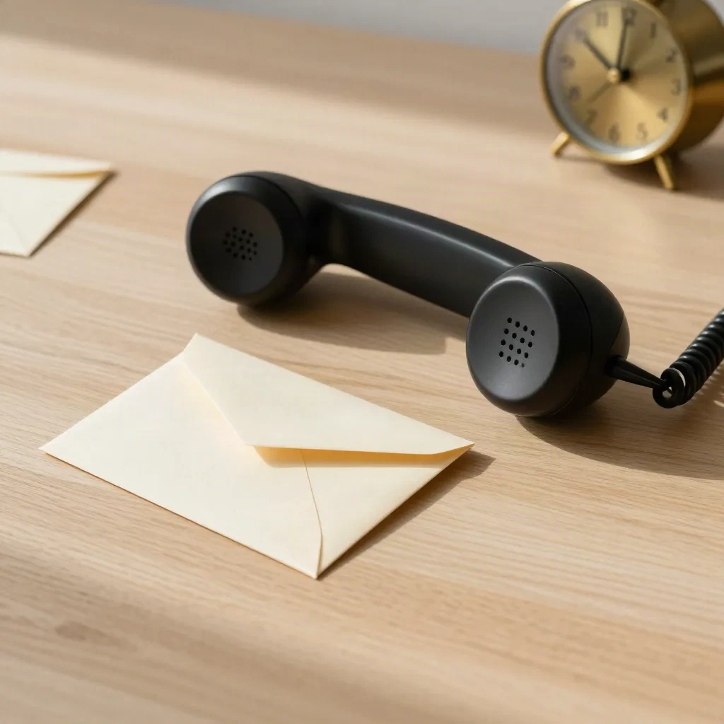 Black handset, sealed envelope and brass clock on a pale oak desk
