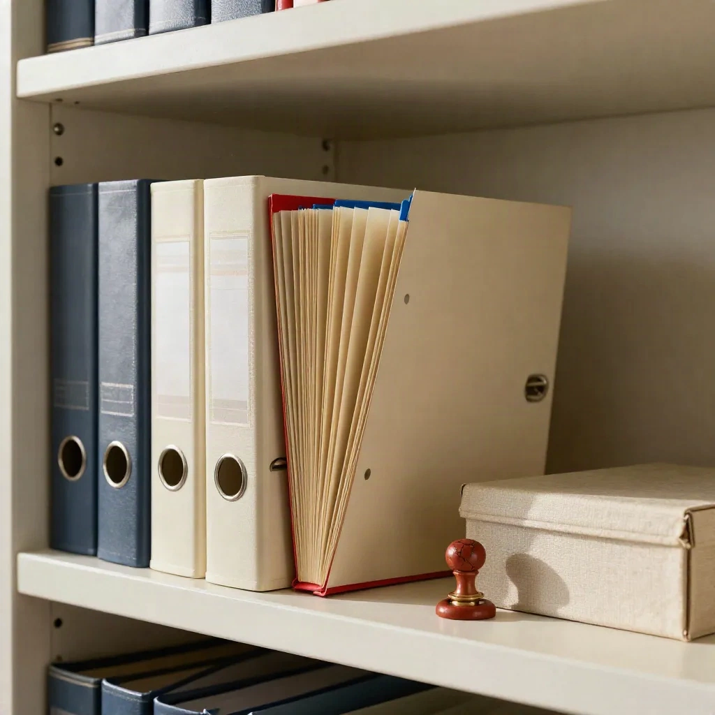 Legal binders, wax seal and filing box on an archive shelf in soft daylight