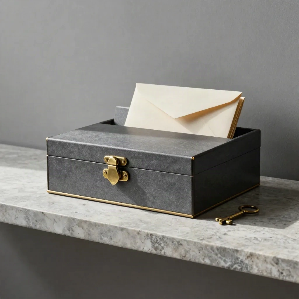 Archive box, brass key, envelope and dividers on a stone shelf in soft side light.