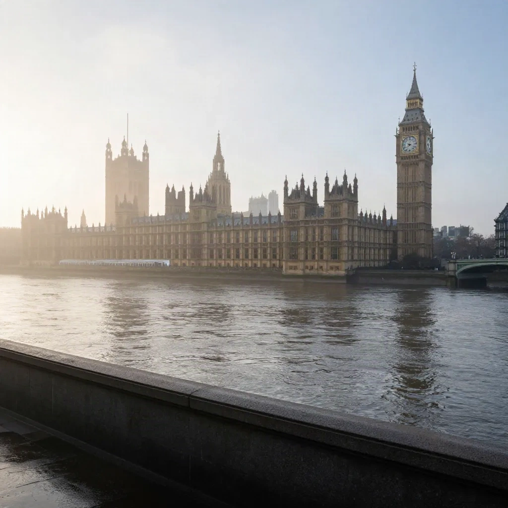 Westminster skyline over the Thames in dawn haze with calm water and stone embankment.