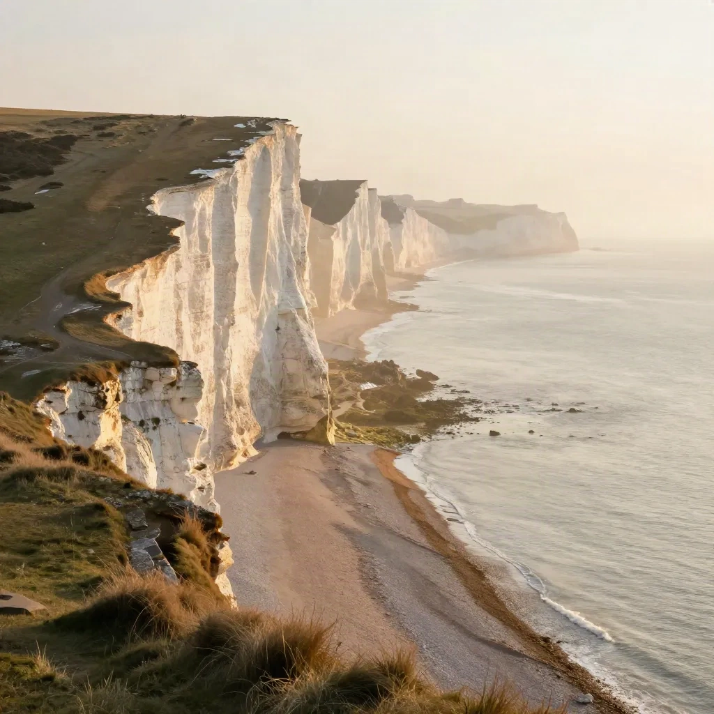 Golden White Cliffs coastline above a pale sea with mist and open space below.