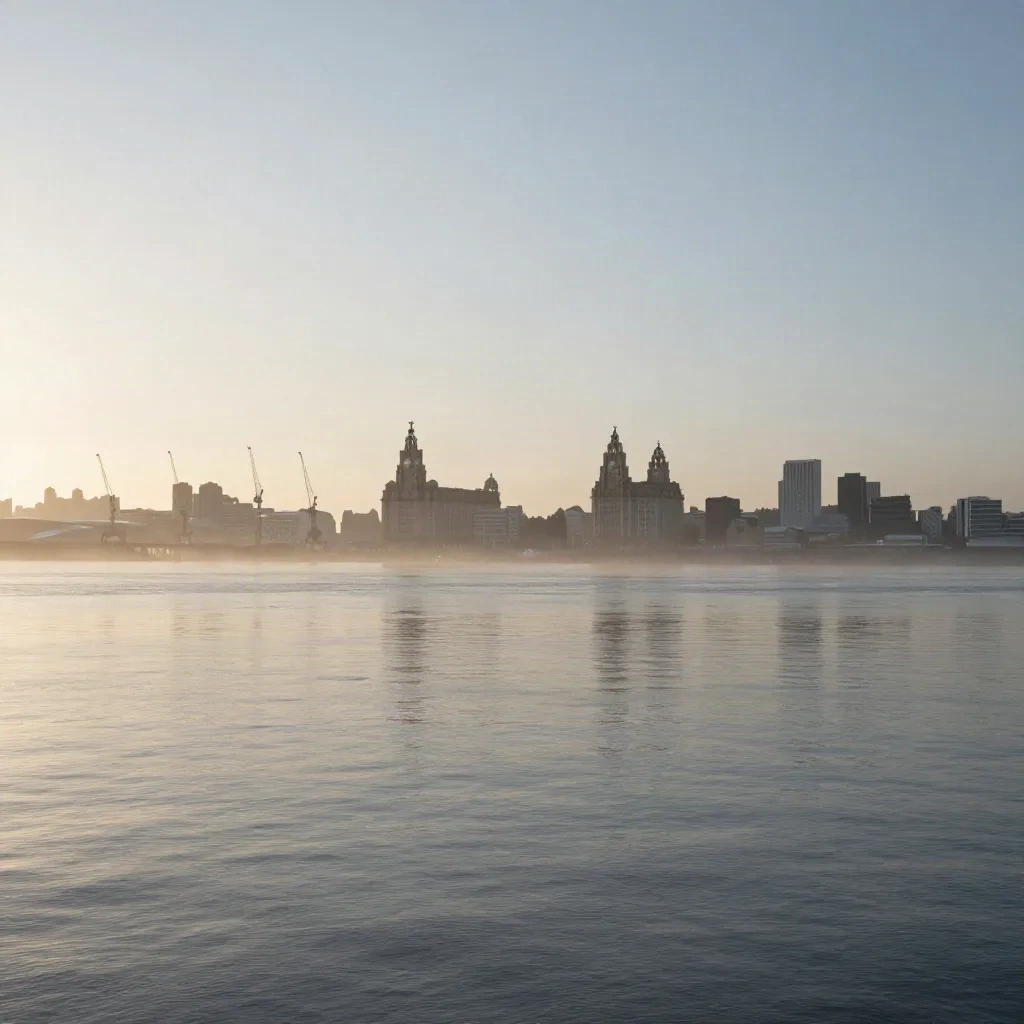 Blue-hour Liverpool waterfront and Mersey estuary with skyline high and calm misty water below.