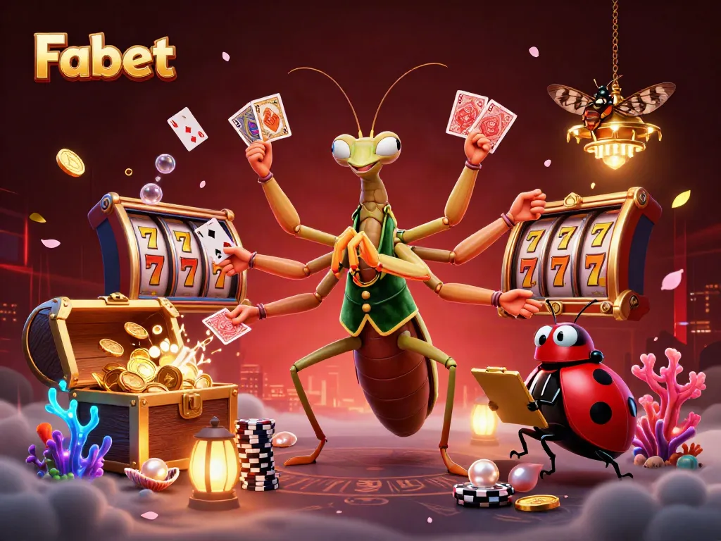 Experience thrilling wins with Fa bet as a vibrant giant mantis deals cards in a lively casino scene.