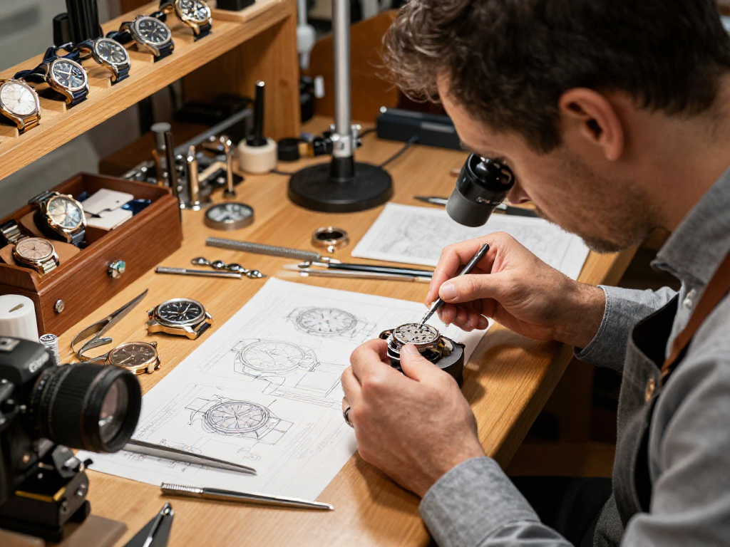 Omega 8500 movement parts being carefully examined in a luxury watch repair workshop, showcasing precision tools and a skilled horologist at work.