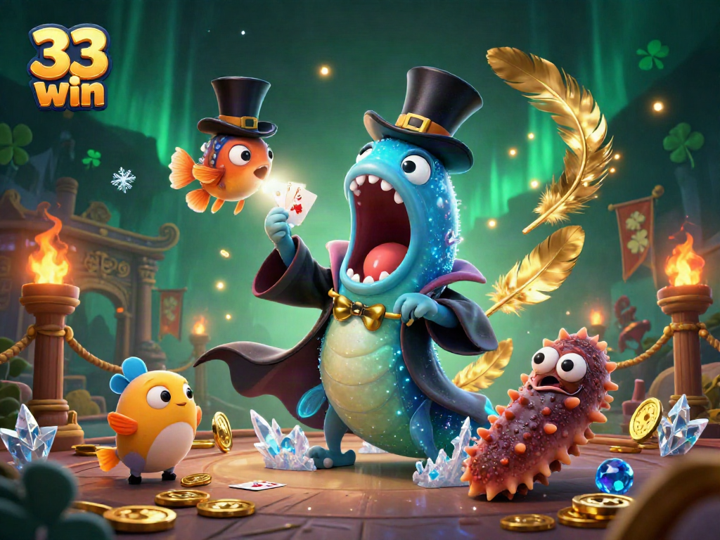 Engage in the thrill of 33 win as a bioluminescent eel performs gambling magic in a vibrant casino scene.