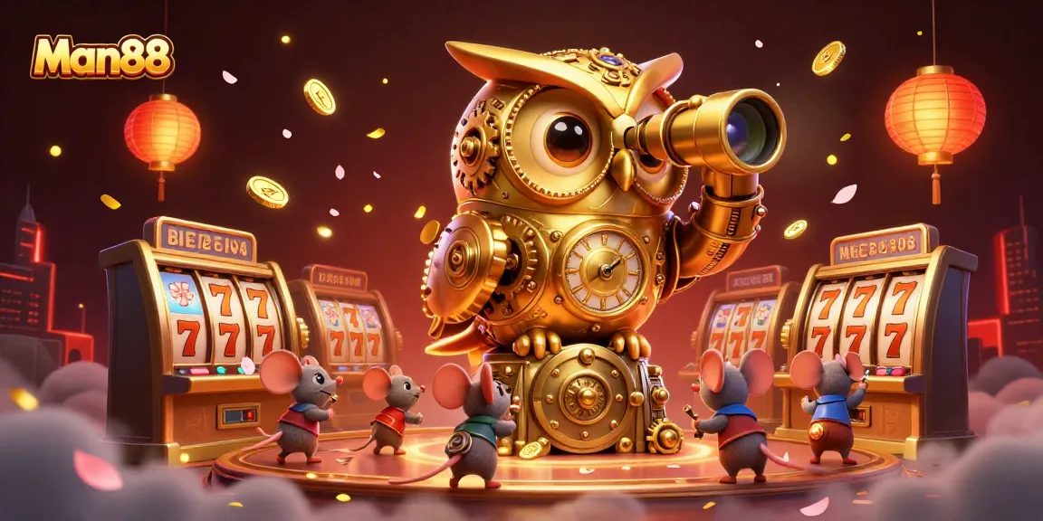 Experience the vibrant casino energy of Man88 with a clockwork owl and dynamic slot machines.