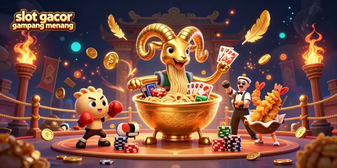 Experience slot gacor gampang menang with cards and chips handled by a golden ramen bowl in a vivid casino scene.