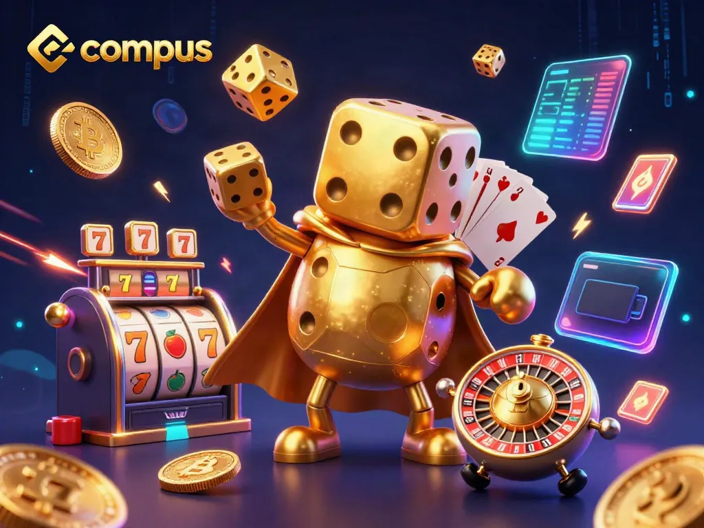 Engage with ecompus through this vibrant, 3D illustration of a golden dice golem and casino elements.