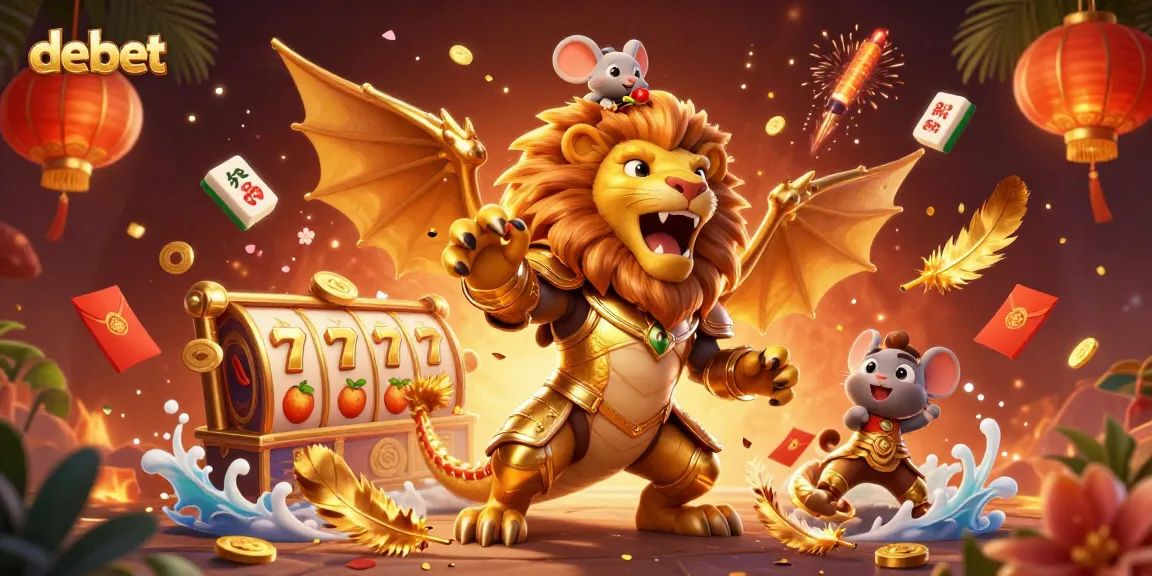 Win big with debet in this vibrant casino scene featuring roaring characters and dynamic gaming elements.