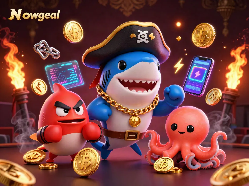Experience Nowgoal's thrilling action as a cartoon pirate shark leads the way alongside a pufferfish and octopus in a colorful gaming scene.